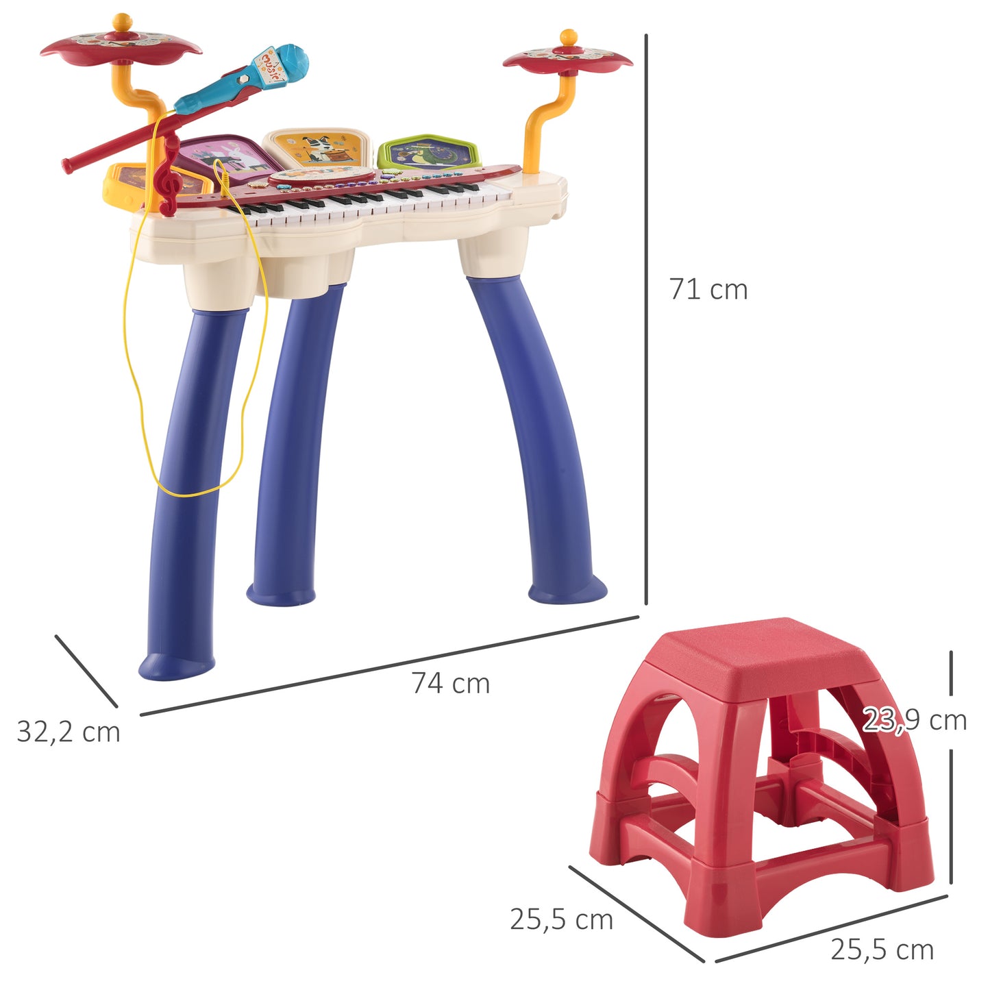 AIYAPLAY Piano Eletrónico para Crianças com 32 Teclas Piano Infantil 2 em 1 com Microfone Banco Luzes 19 Músicas Bateria e Volume Ajustável 74x32,2x71 cm Multicor