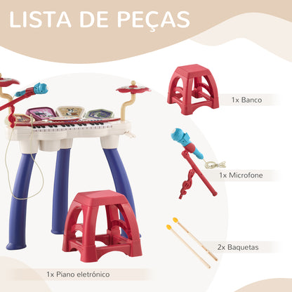 AIYAPLAY Piano Eletrónico para Crianças com 32 Teclas Piano Infantil 2 em 1 com Microfone Banco Luzes 19 Músicas Bateria e Volume Ajustável 74x32,2x71 cm Multicor