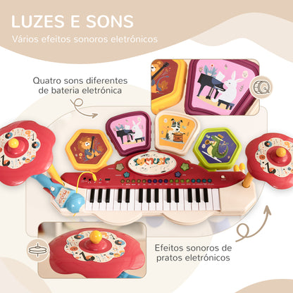 AIYAPLAY Piano Eletrónico para Crianças com 32 Teclas Piano Infantil 2 em 1 com Microfone Banco Luzes 19 Músicas Bateria e Volume Ajustável 74x32,2x71 cm Multicor