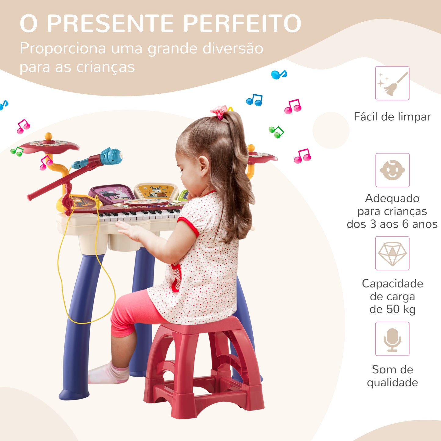 AIYAPLAY Piano Eletrónico para Crianças com 32 Teclas Piano Infantil 2 em 1 com Microfone Banco Luzes 19 Músicas Bateria e Volume Ajustável 74x32,2x71 cm Multicor