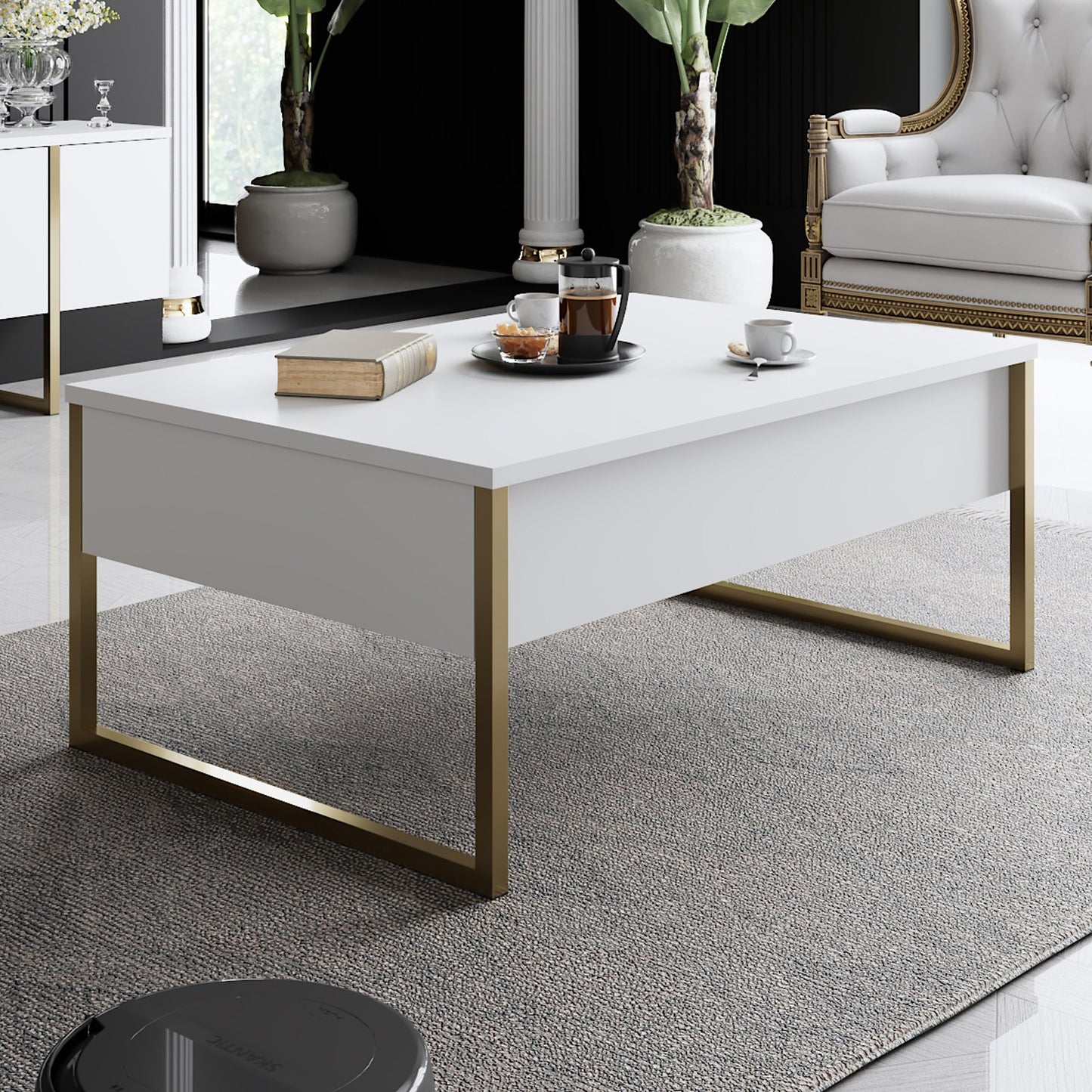 Mesa de Centro "Madrid" – Branco e Dourado - 90x60x40 cm – Design Moderno