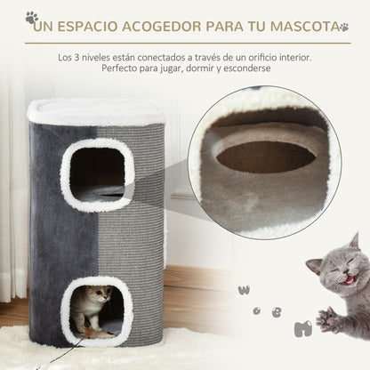 PawHut Arranhador em Forma de Cilindro para Gatos 74cm de Altura Torre de Escalar com 3 Cavernas de Sisal e Pelúcia Plataforma de Velo 40x40x74cm Cinza