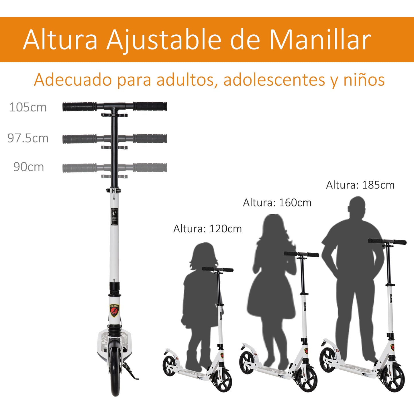 HOMCOM Trotinete dobrável altura ajustável e guiador para adultos e crianças acima de 14 anos com rodas grandes e freio Carga 100kg branco