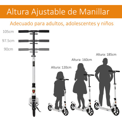 HOMCOM Trotinete dobrável altura ajustável e guiador para adultos e crianças acima de 14 anos com rodas grandes e freio Carga 100kg branco