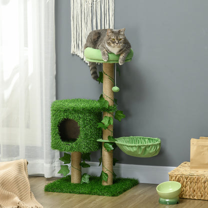 PawHut Árvore Arranhador para Gatos 91 cm Torre para 1-2 Gatos com Caverna Cama Rede Poste de Juta e Bola Suspensa 50x40x91 cm Verde