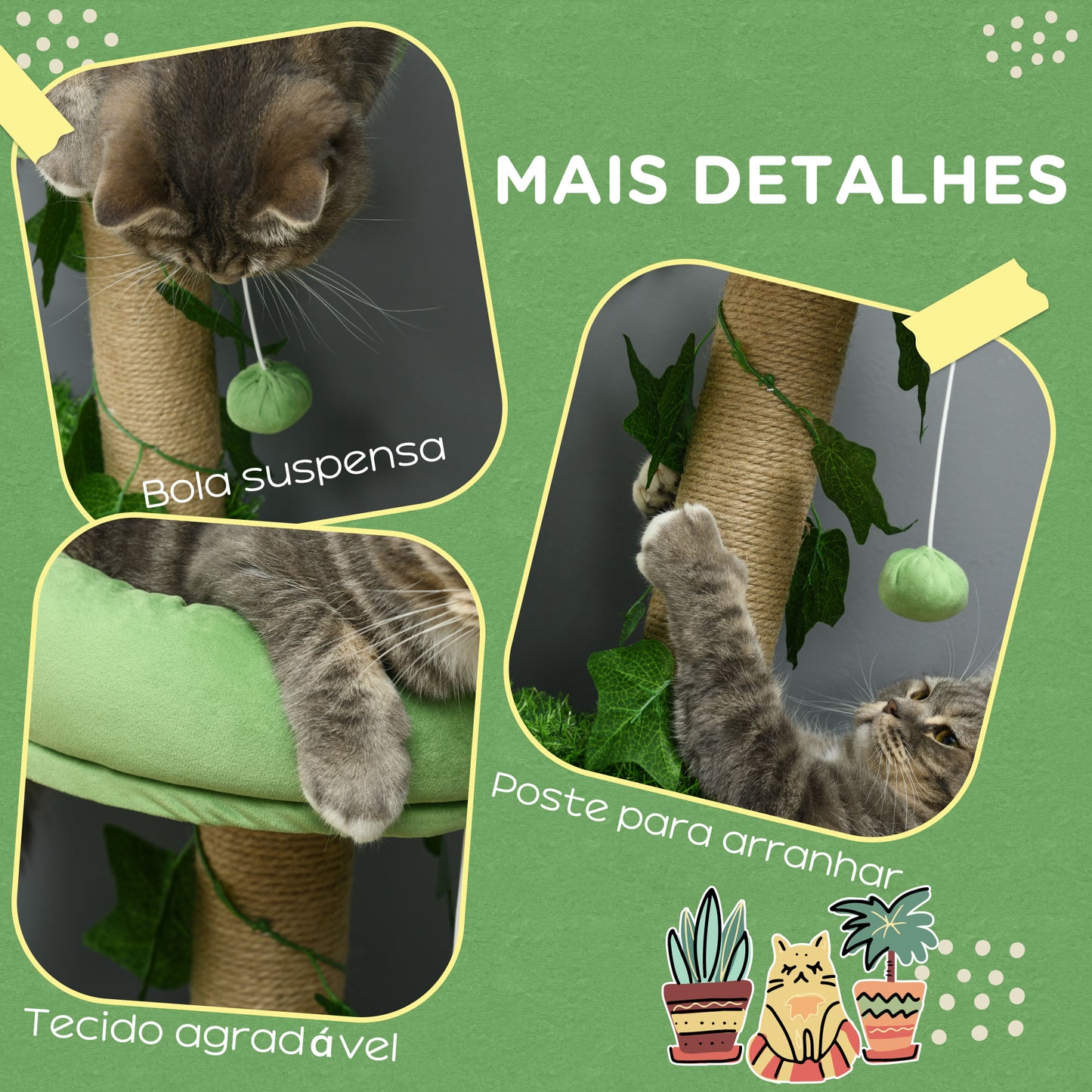 PawHut Árvore Arranhador para Gatos 91 cm Torre para 1-2 Gatos com Caverna Cama Rede Poste de Juta e Bola Suspensa 50x40x91 cm Verde