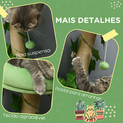 PawHut Árvore Arranhador para Gatos 91 cm Torre para 1-2 Gatos com Caverna Cama Rede Poste de Juta e Bola Suspensa 50x40x91 cm Verde