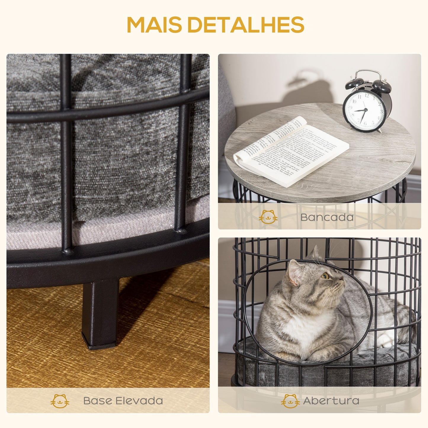 PawHut Mesa Auxiliar Mesa Lateral com 1 Orifício para Gatos Pequenos com Almofada Lavável Estrutura de Aço para Sala de Estar Dormitório 40x40x40cm Preto e Cinza