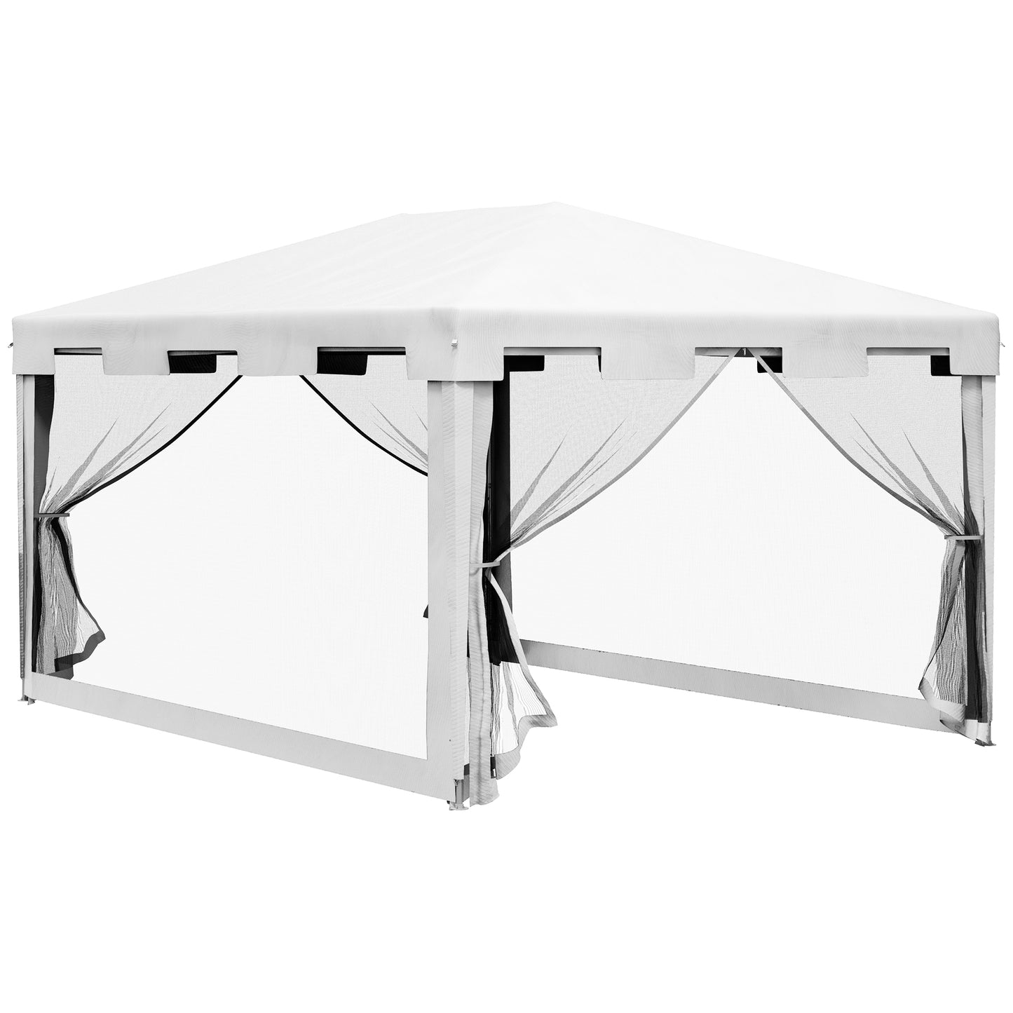 Outsunny Tenda de Jardim 4x3 m Tenda Desmontável de Exterior com 4 Mosqueteiras Laterais 2 Portas com Fecho de Correr e 8 Orifícios de Drenagem para Pátio Praia Branco