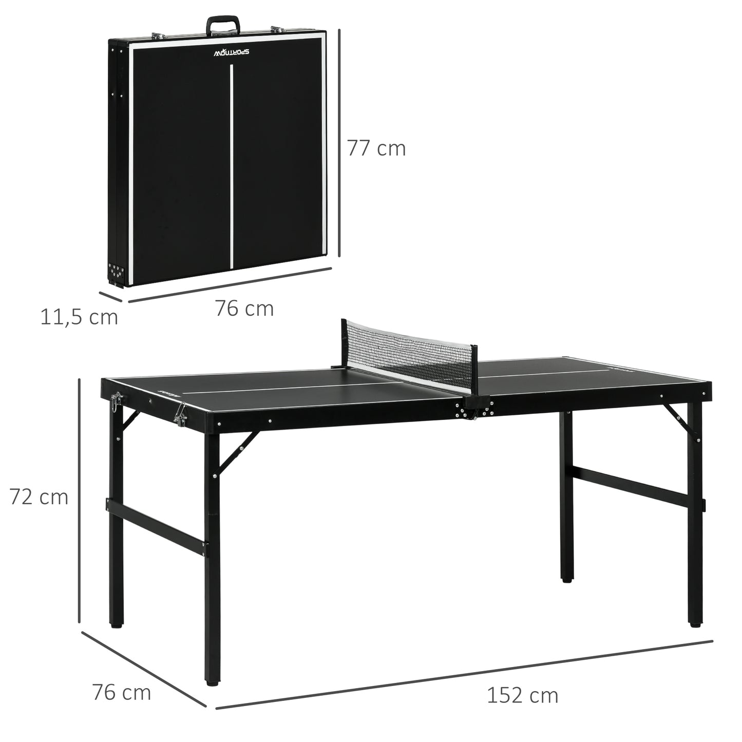 SPORTNOW Mesa de Ping Pong Dobrável de Tamanho Médio com Estrutura de Alumínio Mesa de Ping Pong Portátil para Interior e Exterior 152x76x72 cm Preto