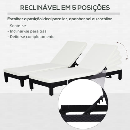 Outsunny Conjunto de 2 Espreguiçadeiras de Jardim de Vime Reclináveis em 5 Posições Carga Máxima 160 kg para Varanda Pátio Exterior 196x65x22 cm Preto e Creme