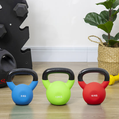 HOMCOM Conjunto de 3 Kettlebell de 12 kg 10 kg e 8 kg Kettlebell com Revestimento em Neopreno Punho Largo para Exercícios e Treinamento 20x13x23 cm 19x12x22 cm 18x11x20 cm Verde Vermelho e Azul