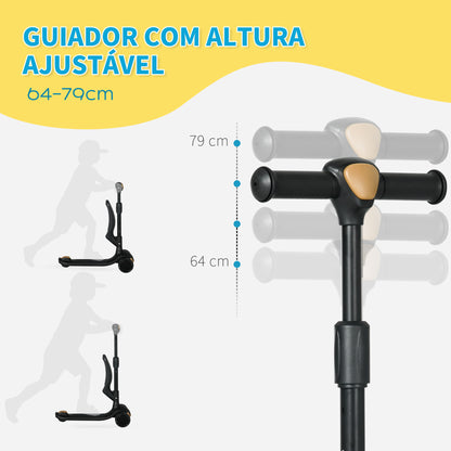 AIYAPLAY Trotinete para Crianças 2 em 1 Trotinete Infantil com Altura Ajustável 3 Rodas Brilhantes e Assento para +18 Meses Carga Máx. 50 kg 58x31x64-79 cm Preto