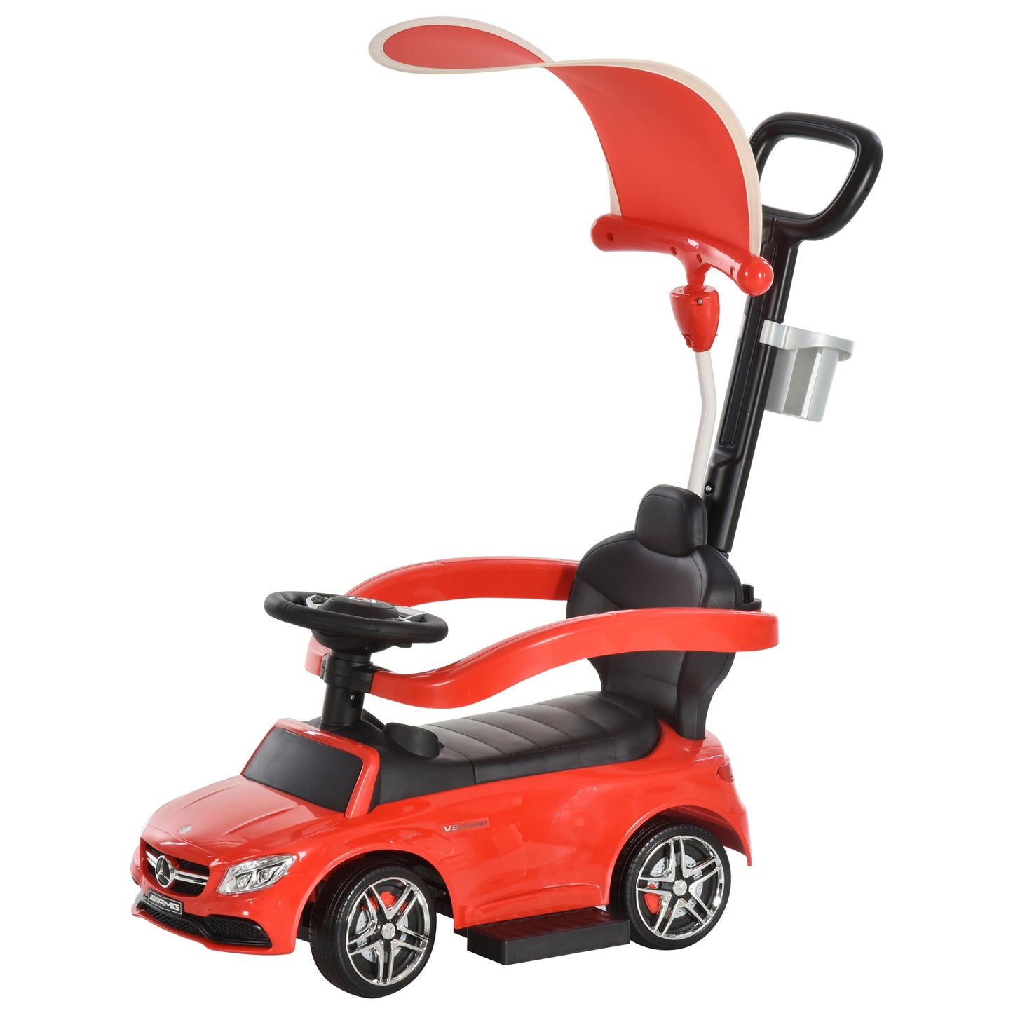 HOMCOM Carrinho para crianças com mais de 1 ano Carrinho de bebê Design de automóvel 3 em 1andarinho Função de buzinha com capuz Suporte para copos 84x40x83 cm cor vermelho