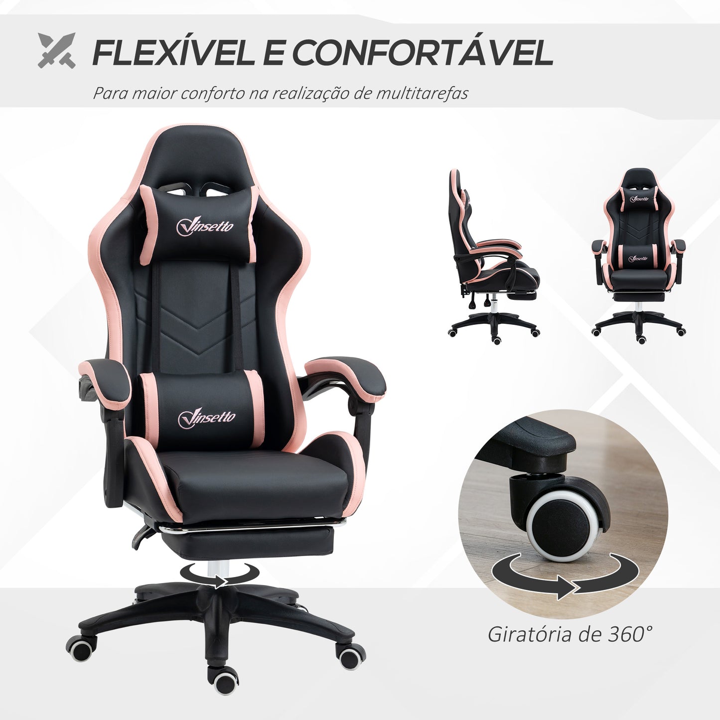 Vinsetto Cadeira Gaming Cadeira Gamer Racing de Couro PU com Altura Ajustável Reclinável 135° Apoio para a Cabeça e Apoio para os Pés Retrátil para Escritório Estúdio 65x65x121-129 cm Preto e Rosa