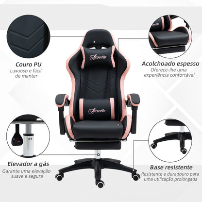 Vinsetto Cadeira Gaming Cadeira Gamer Racing de Couro PU com Altura Ajustável Reclinável 135° Apoio para a Cabeça e Apoio para os Pés Retrátil para Escritório Estúdio 65x65x121-129 cm Preto e Rosa