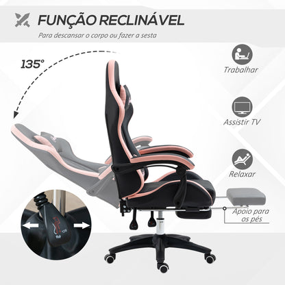 Vinsetto Cadeira Gaming Cadeira Gamer Racing de Couro PU com Altura Ajustável Reclinável 135° Apoio para a Cabeça e Apoio para os Pés Retrátil para Escritório Estúdio 65x65x121-129 cm Preto e Rosa