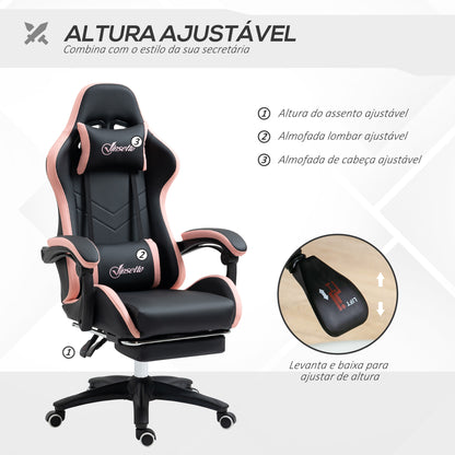 Vinsetto Cadeira Gaming Cadeira Gamer Racing de Couro PU com Altura Ajustável Reclinável 135° Apoio para a Cabeça e Apoio para os Pés Retrátil para Escritório Estúdio 65x65x121-129 cm Preto e Rosa