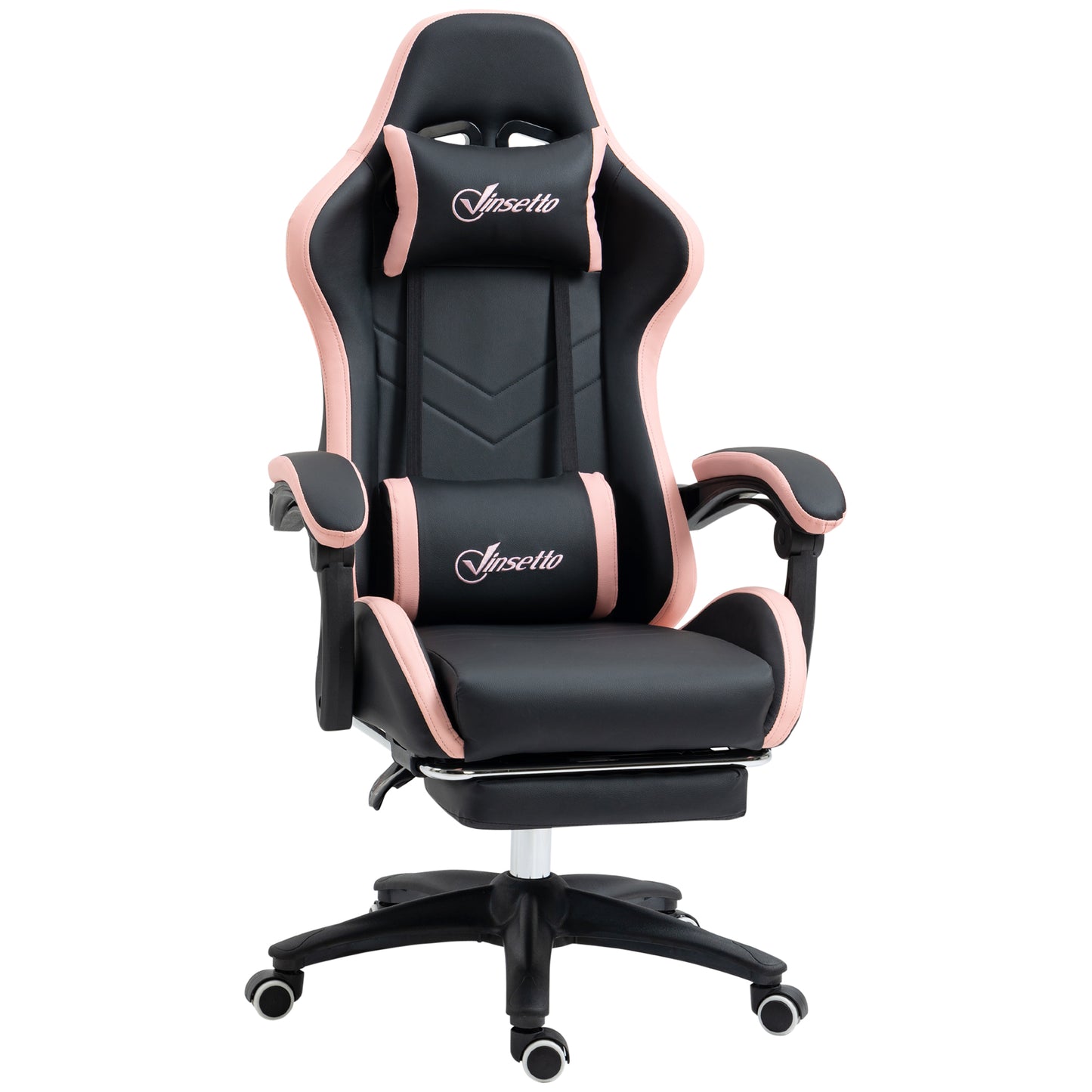 Vinsetto Cadeira Gaming Cadeira Gamer Racing de Couro PU com Altura Ajustável Reclinável 135° Apoio para a Cabeça e Apoio para os Pés Retrátil para Escritório Estúdio 65x65x121-129 cm Preto e Rosa