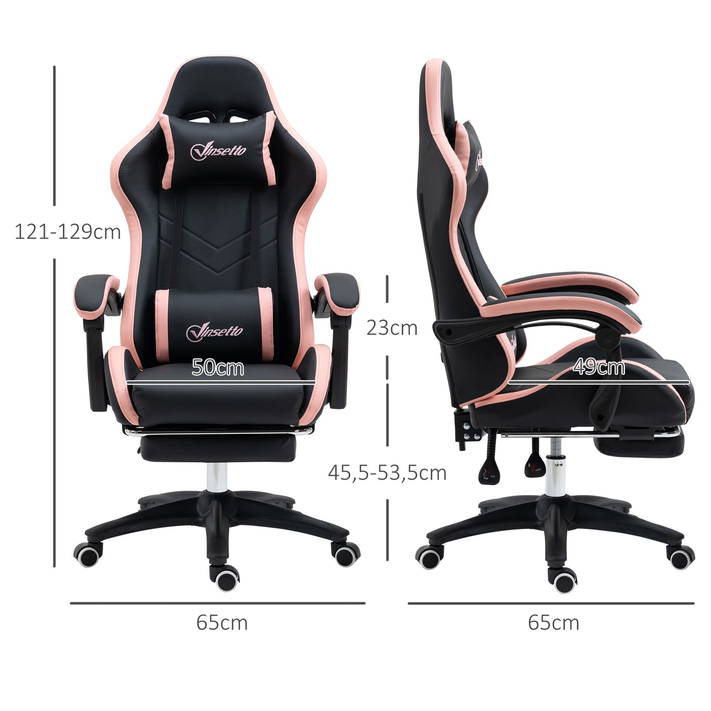 Vinsetto Cadeira Gaming Cadeira Gamer Racing de Couro PU com Altura Ajustável Reclinável 135° Apoio para a Cabeça e Apoio para os Pés Retrátil para Escritório Estúdio 65x65x121-129 cm Preto e Rosa