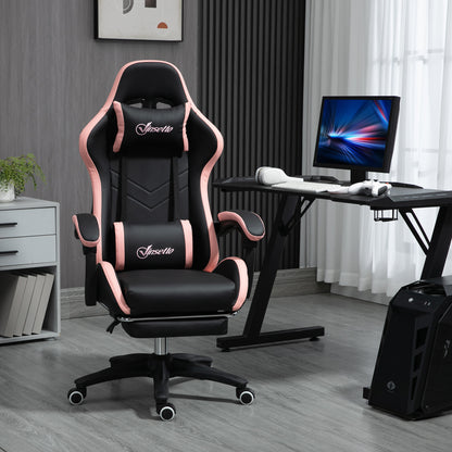 Vinsetto Cadeira Gaming Cadeira Gamer Racing de Couro PU com Altura Ajustável Reclinável 135° Apoio para a Cabeça e Apoio para os Pés Retrátil para Escritório Estúdio 65x65x121-129 cm Preto e Rosa