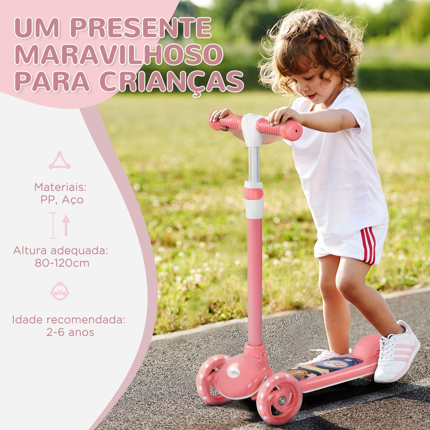 AIYPLAY Trotinete para Crianças de 2-6 Anos Trotinete Infantil Dobrável Trotinete com 3 Rodas LED Altura Ajustável Carga 25 kg 52x29x63-76 cm Rosa