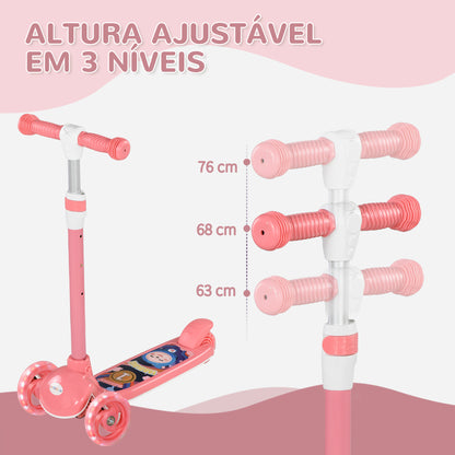 AIYPLAY Trotinete para Crianças de 2-6 Anos Trotinete Infantil Dobrável Trotinete com 3 Rodas LED Altura Ajustável Carga 25 kg 52x29x63-76 cm Rosa