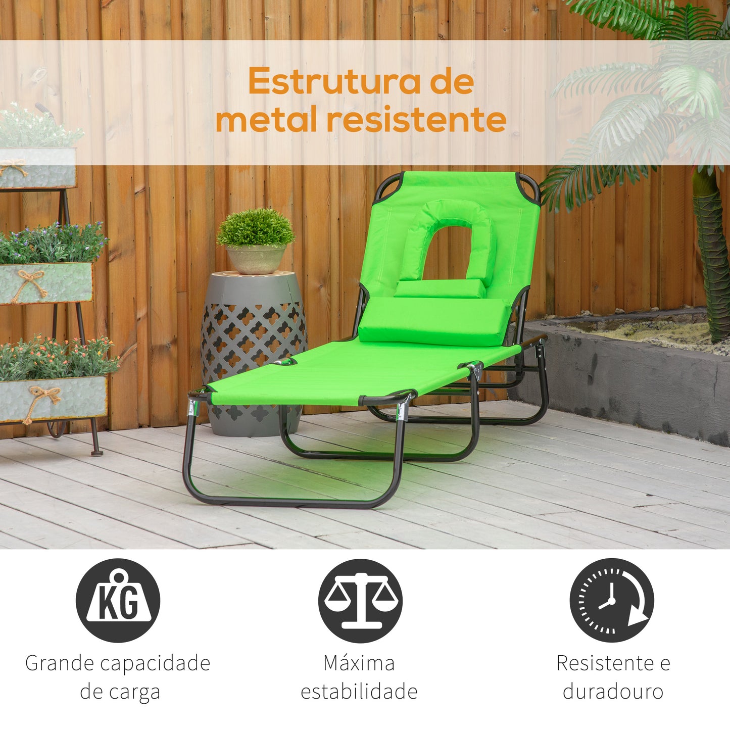 Outsunny Espreguiçadeira Dobrável com Encosto Ajustável em 4 Posições Espreguiçadeira de Jardim com Almofada Estrutura de Aço Tecido Oxford para Acampamento Praia Terraço 190x56x28cm Verde