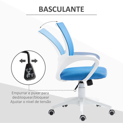 HOMCOM Cadeira de Escritório de Malha Cadeira de Escritório Giratória com Altura Ajustável Função Basculante e Apoio para os Braços Cadeira de Estúdio Carga 120 kg 57x55x89-109 cm Azul