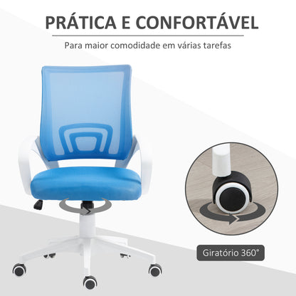 HOMCOM Cadeira de Escritório de Malha Cadeira de Escritório Giratória com Altura Ajustável Função Basculante e Apoio para os Braços Cadeira de Estúdio Carga 120 kg 57x55x89-109 cm Azul