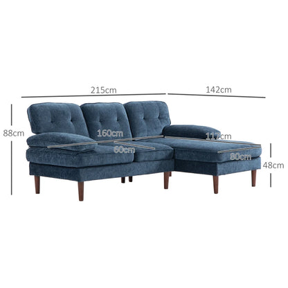 Sofá de Canto "Porto" com Chaise Longue - 215x142x88 cm - Azul - Estofado em Poliéster com Apoios de Braço