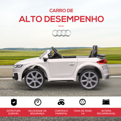 HOMCOM Carro Elétrico Audi TT para Crianças acima de 3 Anos com Controlo Remoto Música e Luzes Bateria 12V Abertura da Porta 102x60x44 cm Branco