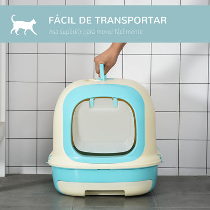 PawHut Caixa de Areia para Gatos com Alça de Transporte Duplo Fundo Bandeja Removível Pá e Filtro de Carvão Ativo 63x43x43cm Bege e Verde