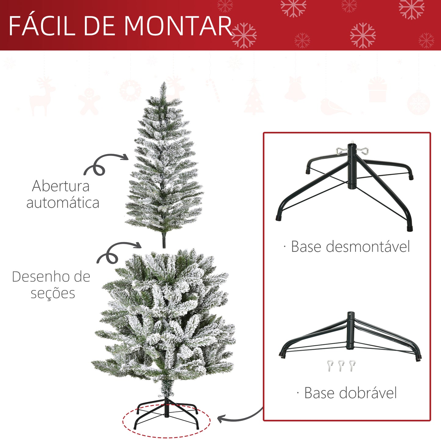 HOMCOM Árvore de Natal 180cm Neve Artificial com 394 Ramos Ignífugos de PVC Base Dobrável e Suporte de Aço Decoração de Natal para Interiores Ø60x180cm Verde e Branco