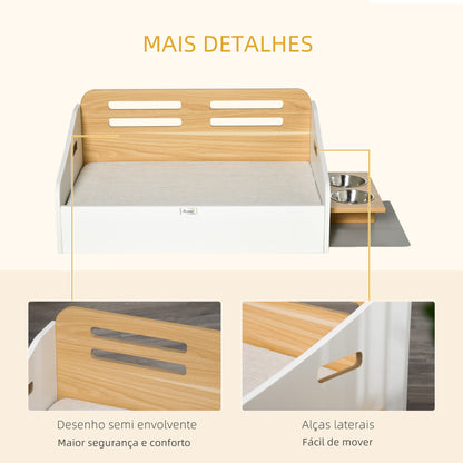 PawHut Cama de Madeira para Cães Gatos Sofá para Animais de Estimação Médios e Pequenos com Comedouro 2 Tigelas Almofada Acolchoada 100x56x39cm Natural e Branco