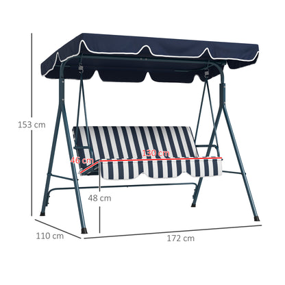 Outsunny Baloiço de Jardim de 3 Lugares com Almofada Toldo Ajustável e Estrutura de Metal para Balcão Terraço Patio Carga Máx. 300kg 172x110x153cm Azul e Branco