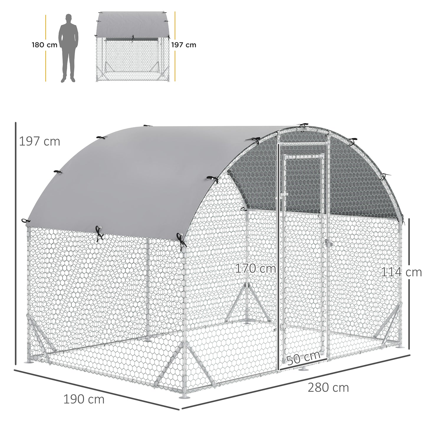 PawHut Galinheiro para Exterior Grande 2,8x1,90x1,97 m Galinheiro para 4-6 Galinhas de Aço Galvanizado com Teto de Tecido Oxford para Coelhos Aves Prata