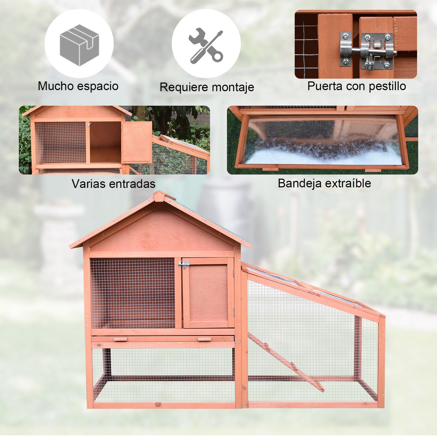 PawHut Casa para Coelhos de Madeira Coelheira para Exterior Teto de Tela de Asfáltica 144x64,5x100 cm Madeira