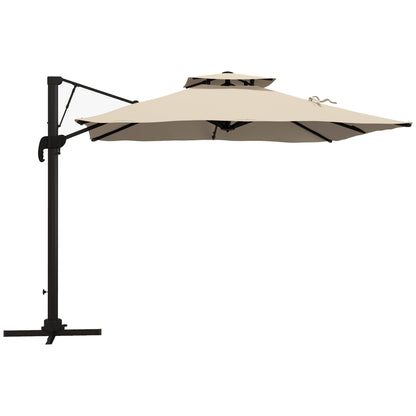 Outsunny Chapéu de Sol de Alumínio Ø295x270 cm Chapéu de Sol Excêntrico com Manivela Teto Duplo Inclinável Mastro Giratório 360° com Pedal e Base Cruzada para Pátio Varanda Cáqui