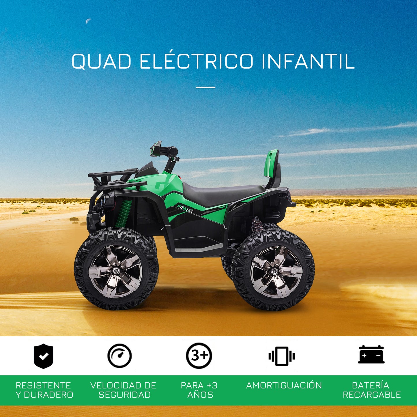 HOMCOM Quadriciclo Elétrico 12V para Crianças acima de 3 Anos com Farol Música Pneus de Suspensão Botões Avance e Retrocesso Veículo Elétrico a Bateria 100x65x73cm Verde