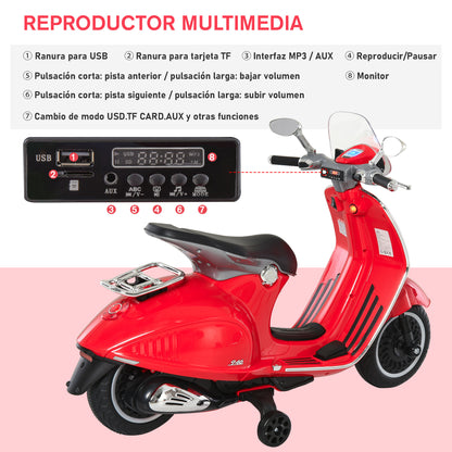 HOMCOM Mota Elétrica Vespa com Faróis Música 2 Rodas Auxiliares para Crianças acima de 3 Anos Mota Elétrica Infantil 108x49x75 cm Vermelha