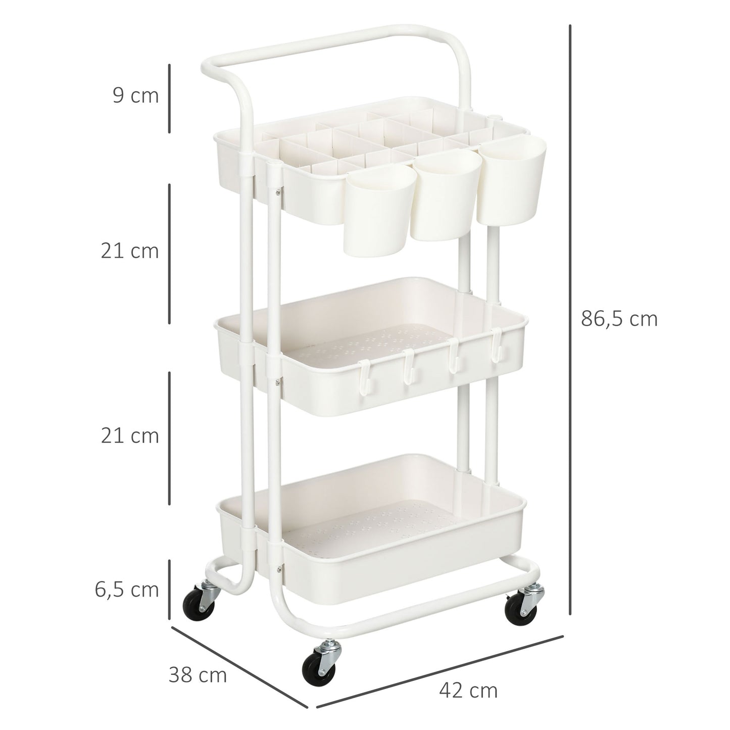 HOMCOM Carrinho de Cozinha de Aço Carrinho de Armazenamento com 4 Ganchos 3 Cestas Removíveis 3 Caixas Suspensas e Travões para Casa de Banho Sala de Estar Dormitório 42x38x86,5 cm Branco