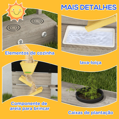 Outsunny Caixa de Areia para Crianças de Madeira Caixa de Areia Infantil com 2 Assentos 2 Caixas de Plantação e Brinquedos de Cozinha para Pátio Jardim 154x80x60 cm Cinza