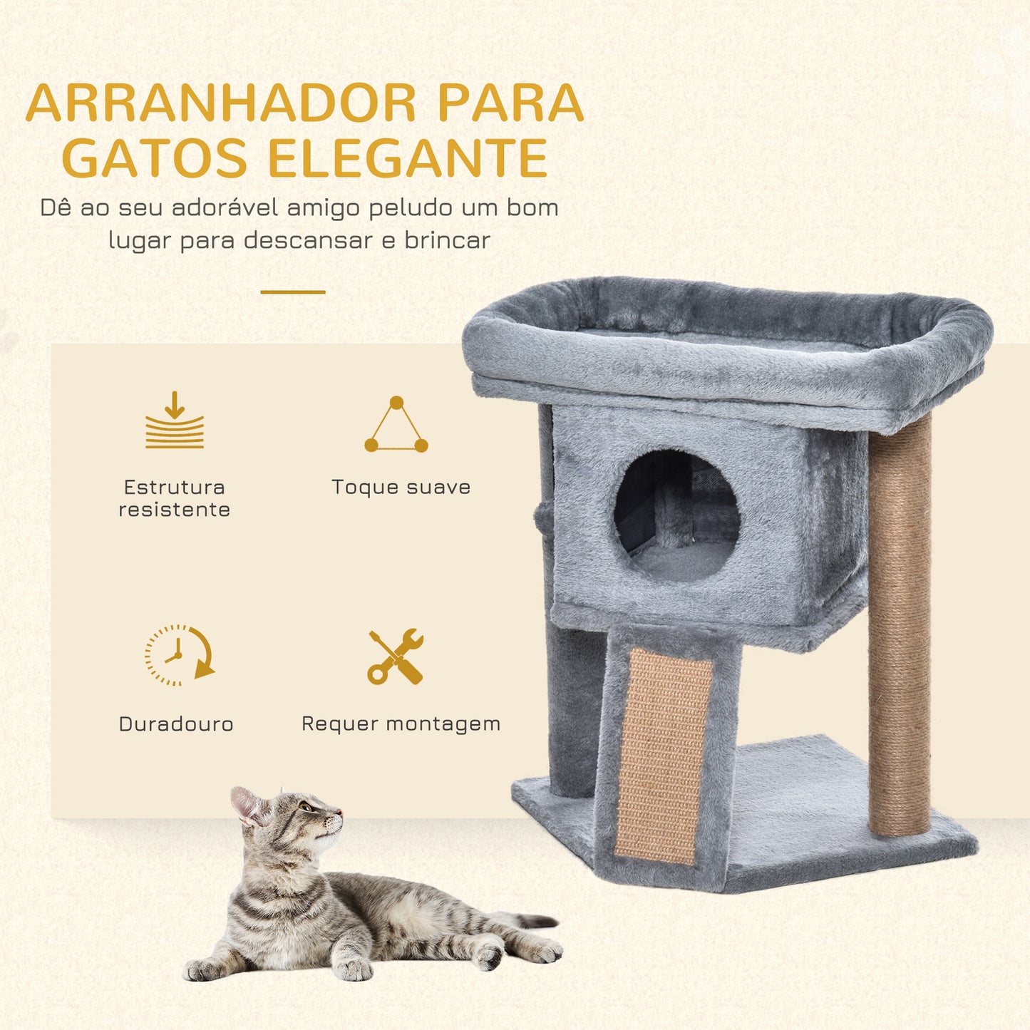 PawHut Árvore Arranhador para Gatos Pequenos Altura 57 cm Arranhador para Gatos com Poste de Juta Rampa Caverna e Bola Suspensa 40x40x57 cm Cinza