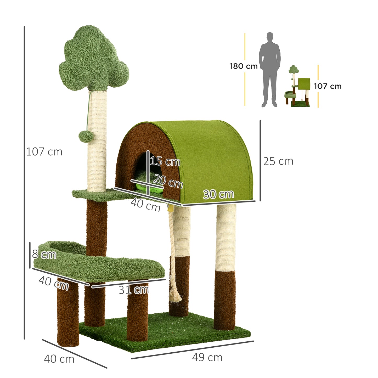 PawHut Arranhador para Gatos Médio 107 cm Torre para Gatos Centro de Atividades para Gatos com Caverna Cama Poste de Sisal Relva Artificial e Bola Suspensa 49x40x107 cm Verde