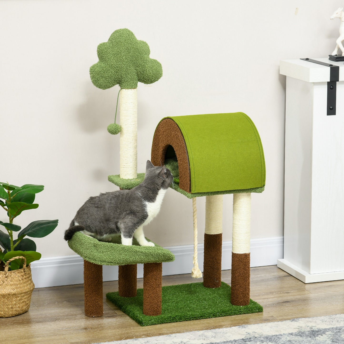 PawHut Arranhador para Gatos Médio 107 cm Torre para Gatos Centro de Atividades para Gatos com Caverna Cama Poste de Sisal Relva Artificial e Bola Suspensa 49x40x107 cm Verde