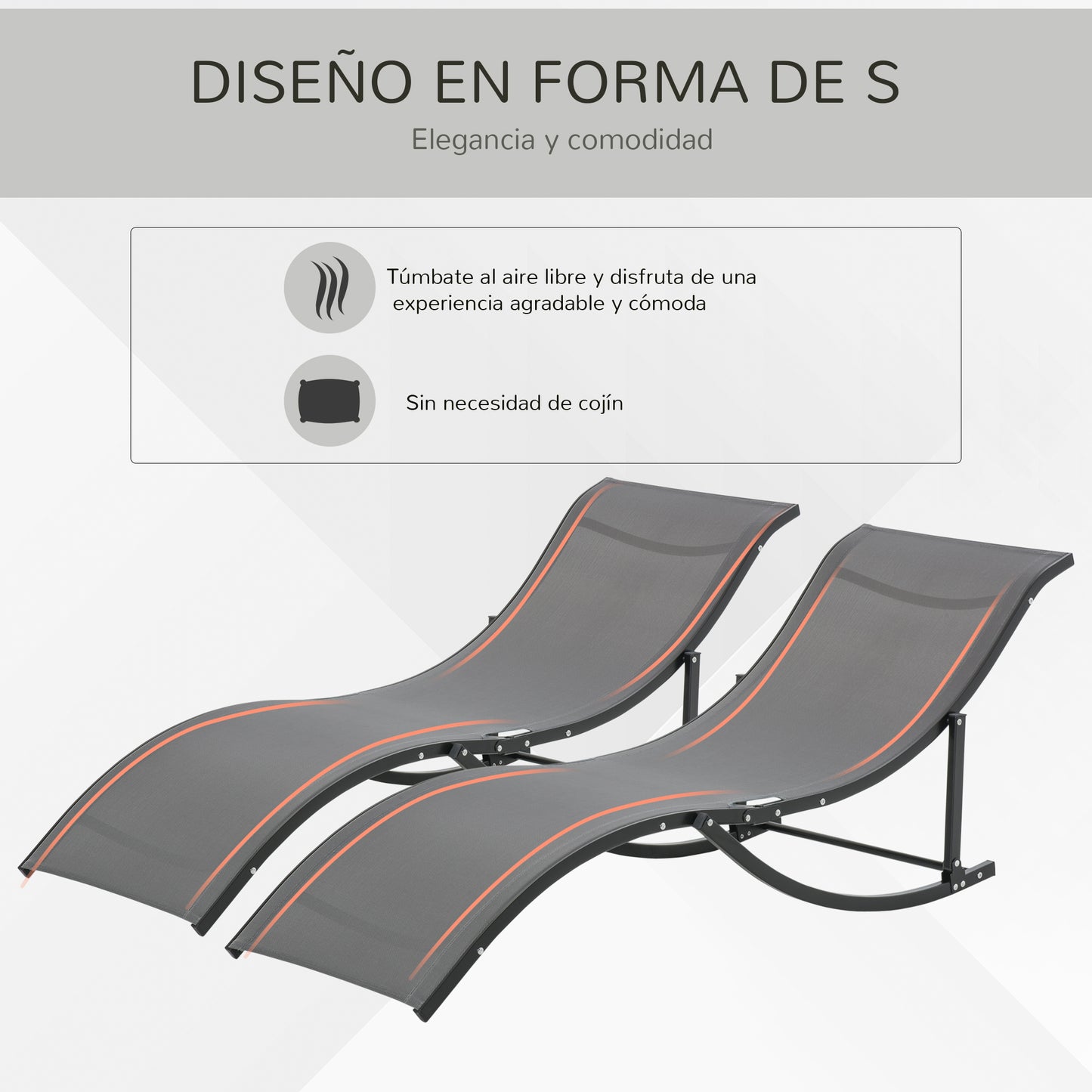 Outsunny Conjunto 2 Espreguiçadeiras Ergonômicas Dobráveis em Forma de S com Estrutura de Alumínio Textilene para Piscina Pátio Jardim e Varanda 165x61x63cm Cinza