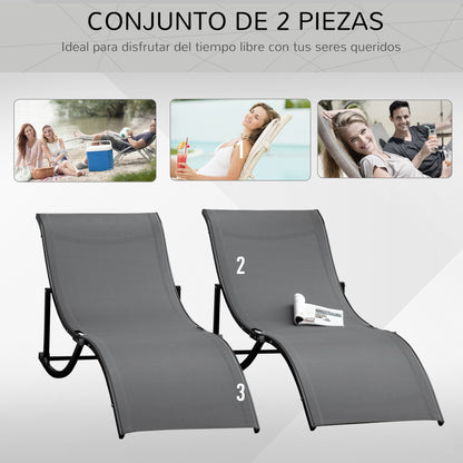 Outsunny Conjunto 2 Espreguiçadeiras Ergonômicas Dobráveis em Forma de S com Estrutura de Alumínio Textilene para Piscina Pátio Jardim e Varanda 165x61x63cm Cinza