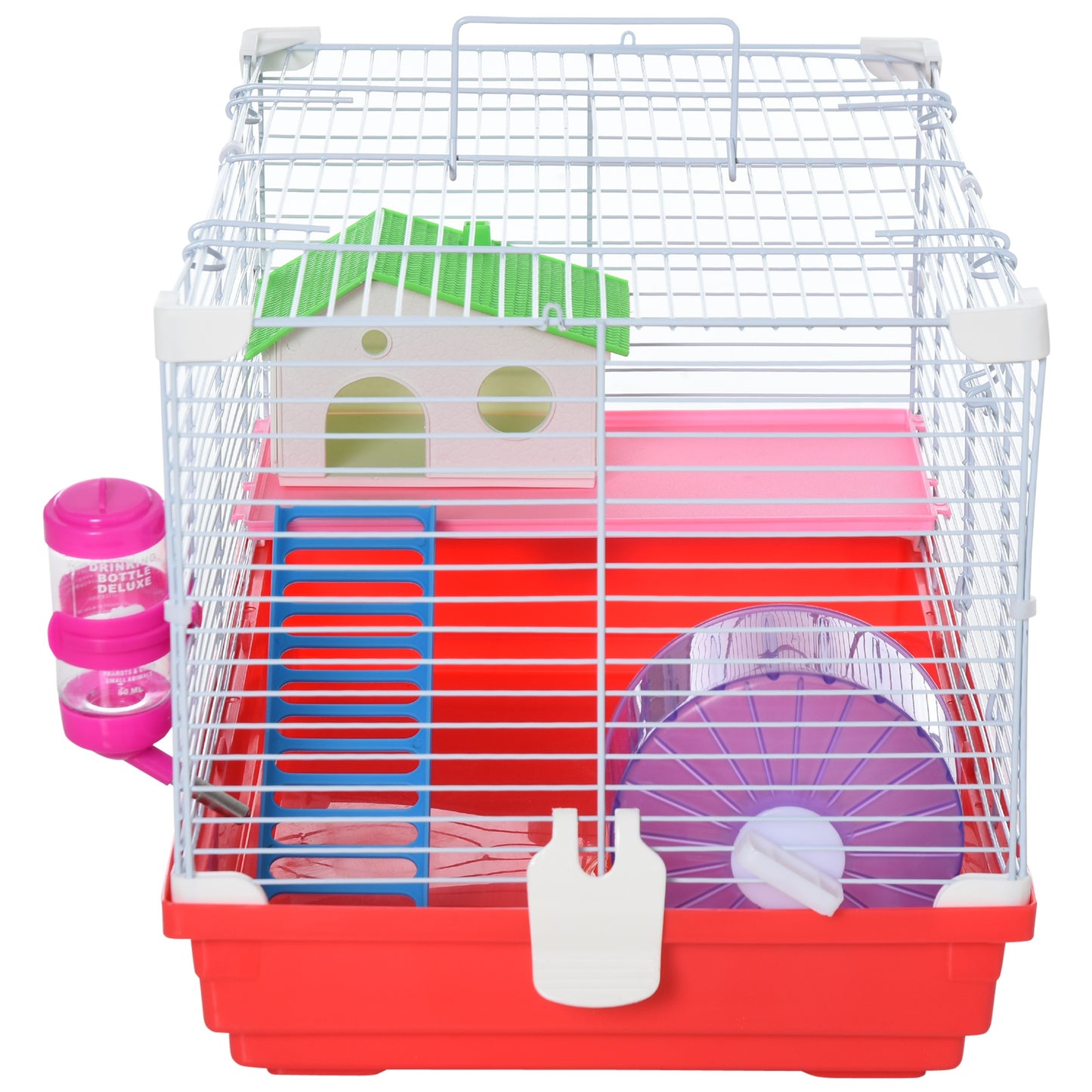 PawHut Gaiola para Hamster Casa para Hamster 47x30x27cm com 1 Andar Comedouro Bebedouro Rampa Roda de Exercício para Pequenos Animais Branco e Vermelho