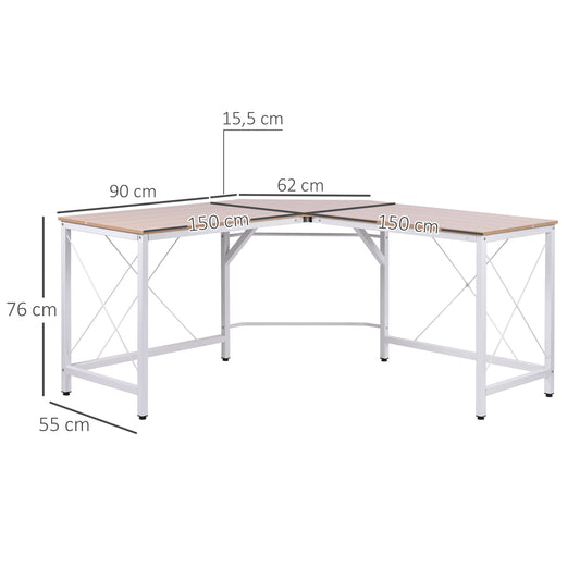 HOMCOM Secretária de Canto para Escritório Casa Secretária em Forma de L com Estrutura de Aço 150x150x76 Madeira e Branco